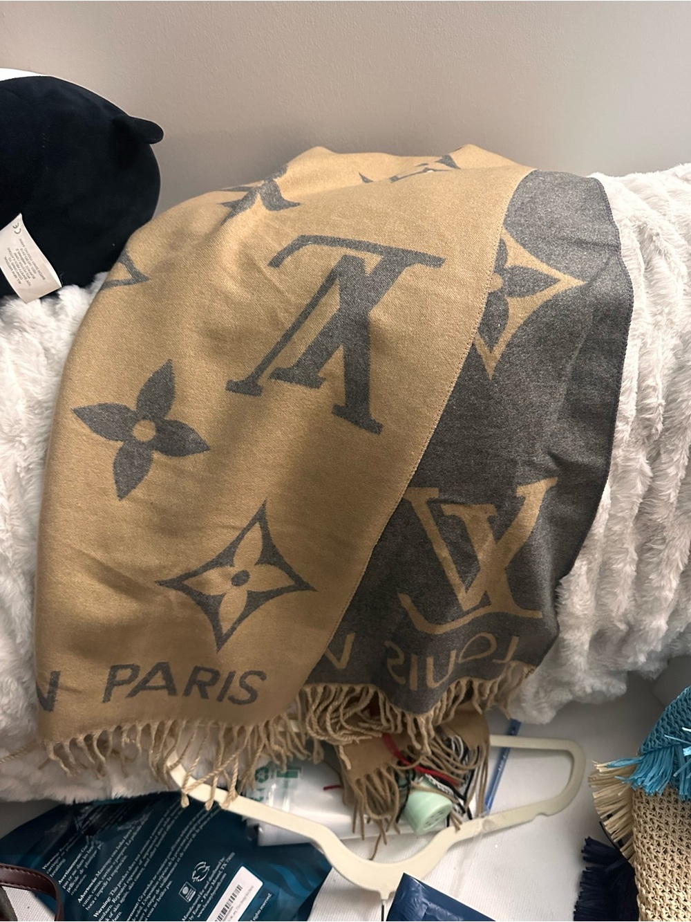 FASHION Beige and Gray Monogram Shawl Scarf